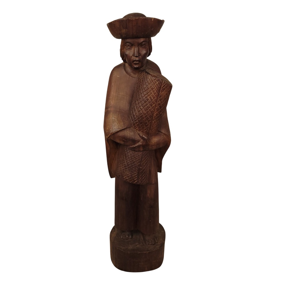 Vintage Peruvian Hand Carved Wood Man Statue 21" Andean Folk Art Sculpture
